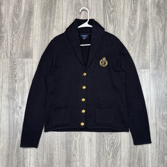 Chaps Sweaters - Chaps Cardigan Sweater Womens Sz XL Navy Gold Button Shawl Collar Crest Nautical